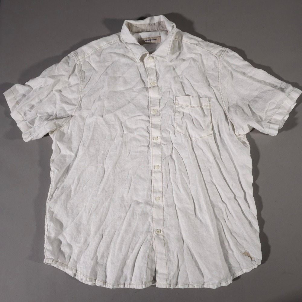 Tommy Bahama Button Up Mens XL White 100% Linen Short Sleeve Marlin Logo Shirt